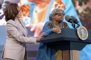 Harris Prints: Vice President Kamala Harris stands by as Viola Fletcher