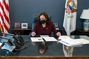 Asian American Prints: Vice President Kamala Harris talks on a speaker phone with Director General of the World Health Organization