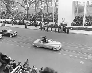 Lcgr1412 Prints: Vice President Richard Nixon standing in an open car in the inaugural parade