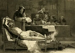 Catholics Prints: Victim of the Spanish Inquisition being tortured before a tribunal of the Spanish Inquisition