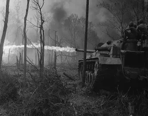 Proxy Wars Prints: Vietnam War. US Marine flame tanks burn No-name Village during near Binh Son in the Quang Ngai Province