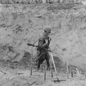 Patrol Prints: Vietnam War. US Marine walks through a punji-staked gully