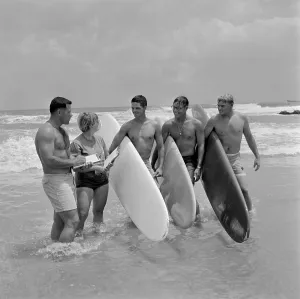 Bathing Suits Prints: Vietnam War. Organizers and winners of a USO sponsored surfing contest held on Sept