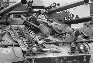 Beds Prints: Vietnam War-Tet Offensive. A US Marine relaxes on an Ontos anti-tank vehicle during a break in the fighting at Hue