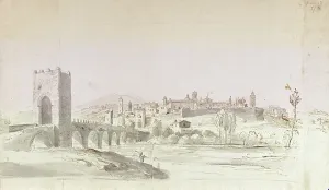 Frontal Prints: View of a Bridge on a River with a City on the Opposite Bench