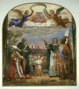 Banner Prints: View of the city of Forl and the saints Mercurial