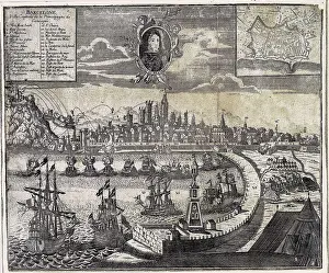 Montjuc Prints: View of the city and the port of Barcelona in 18th c