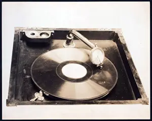 Phonograph Prints: Top view of gramophone, in square wooden cabinet