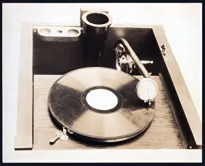Phonograph Prints: Top view of gramophone, in square wooden cabinet