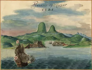 New Spain Prints: View of Havana, Cuba in 1639, including buildings, ships, and fortifications