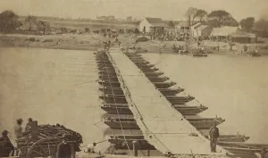 Mexico Prints: View of Matamoros, Mexico from the US Army pontoon bridge across the Rio Grande River from Brownsville