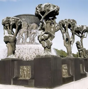 Vigeland, Gustav (1869-1943). The Fountain. 1906-1914. NORWAY. Oslo. Vigeland Park. Fountain surrounded with scultures of trees. Sculpture