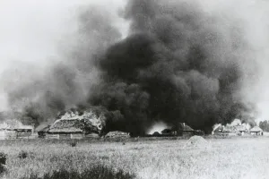 Ukraine Prints: Village on the Densa River in flames during the Nazi invasion of the Soviet Union
