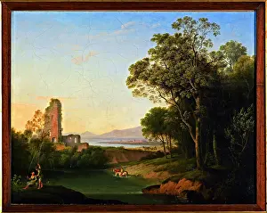 Works Prints: Village with Trees, Ruins of a Castle, Figures and Cattle, by Marco Gozzi, ca