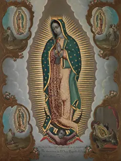 Christian Prints: VIRGIN OF GUADALUPE WITH FOUR APPARITIONS, by Nicolas Enriquez, 1773, Mexican oil painting
