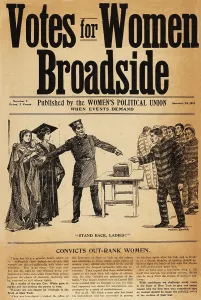 19th Amendment Prints: Votes for Women Broadside shows policeman holding back Woman with baby