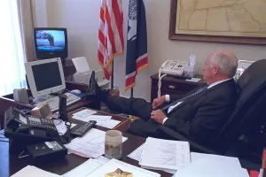 Skyscraper Prints: VP Dick Cheney watching the burning World Trade Center in a White House office on Sept
