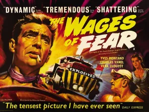 THE WAGES OF FEAR, left: Yves Montand, right from left: Charles Vanel, Vera Clouzot, 1955