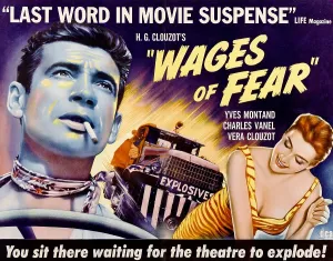THE WAGES OF FEAR, from left: Yves Montand, Vera Clouzot on poster art, 1955