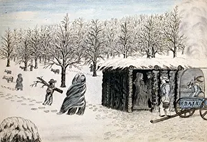 Westward Bound Prints: Wagon Train to the West. A wagon train of settlers camped in the snow