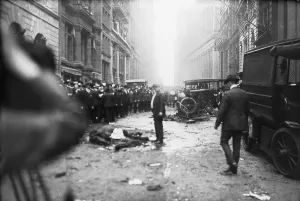 Financial District Prints: The Wall Street Bombing. A man stands over a dead horse