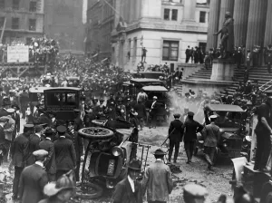 Financial District Prints: The Wall Street Bombing. Overturned automobile