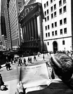 Financial District Prints: Wall Street Journal reader across the street from the New York Stock Exchange building