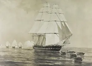 Cannons Prints: War of 1812. USS Constitution escapes from a British Squadron, July 18-19, 1812