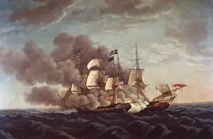 Smoke Prints: War 1812. USS Constitution in naval battle with HMS Guerriere, Aug. 19 1812