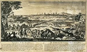 War of the Spanish Succession. Siege in Barcelona (1714). Engraving by Martin Engelbrecht after a drawing by Rigaud. Etching. SPAIN. Barcelona. Barcelona City History Museum