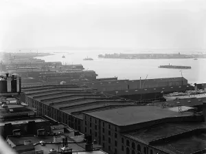 Harbors Prints: Warehouses line the Brooklyn shore of New York Harbor