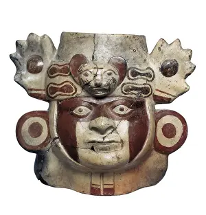 Ceramic Prints: Warrior head shaped vessel. Moche or Mochica Art