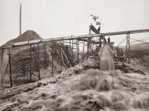 Miners Prints: Washing gold in a sluice box placed in the stream to channel water flow