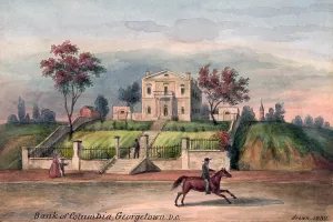 Bank Prints: Washington, DC. Bank of Columbia, Georgetown. Watercolor by Augustus Kollner. 1839