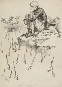 Symbolic Figure Prints: WATCH YOUR STEP, political cartoon of a strictly neutral Uncle Sam