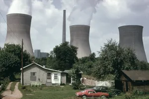 West Virginia Prints: Water cooling towers of the John Amos Power Plant loom over a West Virginia home across the Kanawha River