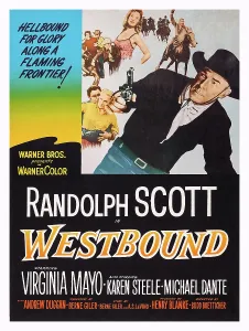 Mayo Prints: WESTBOUND, US poster art, center: Randolph Scott; top: Virginia Mayo, 1959