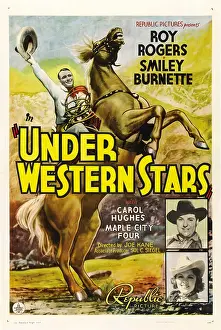 Arm Raised Prints: UNDER WESTERN STARS, left: Roy Rogers, right from top: Smiley Burnette, Carol Hughes, 1938