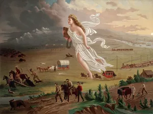 Stagecoach Prints: Westward ho! Allegorical female figure of Columbia leading pioneers