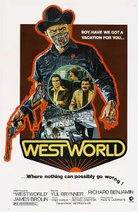 Images Dated 11th May 2010: WESTWORLD, Yul Brynner (gun), seated front from left: James Brolin, Richard Benjamin, 1973