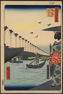 Woodcut Prints: Wharf and warehouses in 19th century Japan