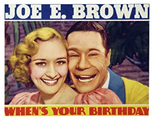 Laughing Prints: WHEN'S YOUR BIRTHDAY?, US lobbycard, from left: Marian Marsh, Joe E Brown, 1937