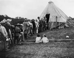 Charity Prints: White children in line for milk during the 1927 Mississippi River flood