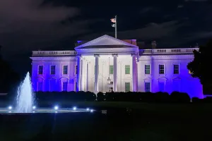 Middle East Prints: White House is illuminated in the colors of the Israeli flag as a symbol of the United States the support
