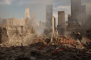 Skyscraper Prints: Wide view of the ruins of the World Trade Center complex in New York City