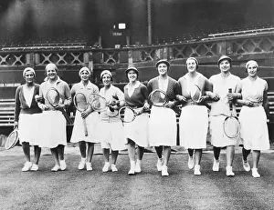 Sportswear Prints: Wightman Cup teams at Wimbledon during a practice session on June 17, 1932