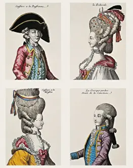 Fashions Prints: Four wigs: Prussian-style, zodiacal-style