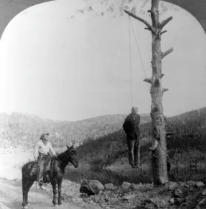 Lynching Prints: Wild West. Sheriff on horseback looking at stage coach robber hanging by neck from tree