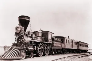 Locomotives Prints: William Crooks a 1861 locomotive of the Great Northern Railway with tender and cars