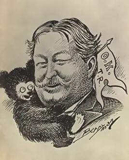 William Howard Prints: William Howard Taft, being hugged by Teddy Bear holding pennant O.K. T.R